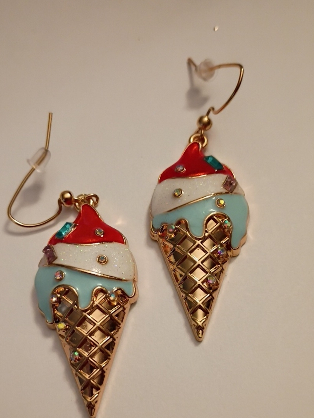 Sale Gold Ice Cream Cone Drop Earrings with Red, White & Light Blue Enamel